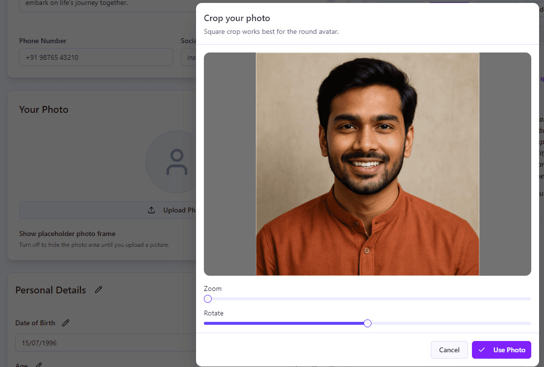 Upload and crop photo UI
